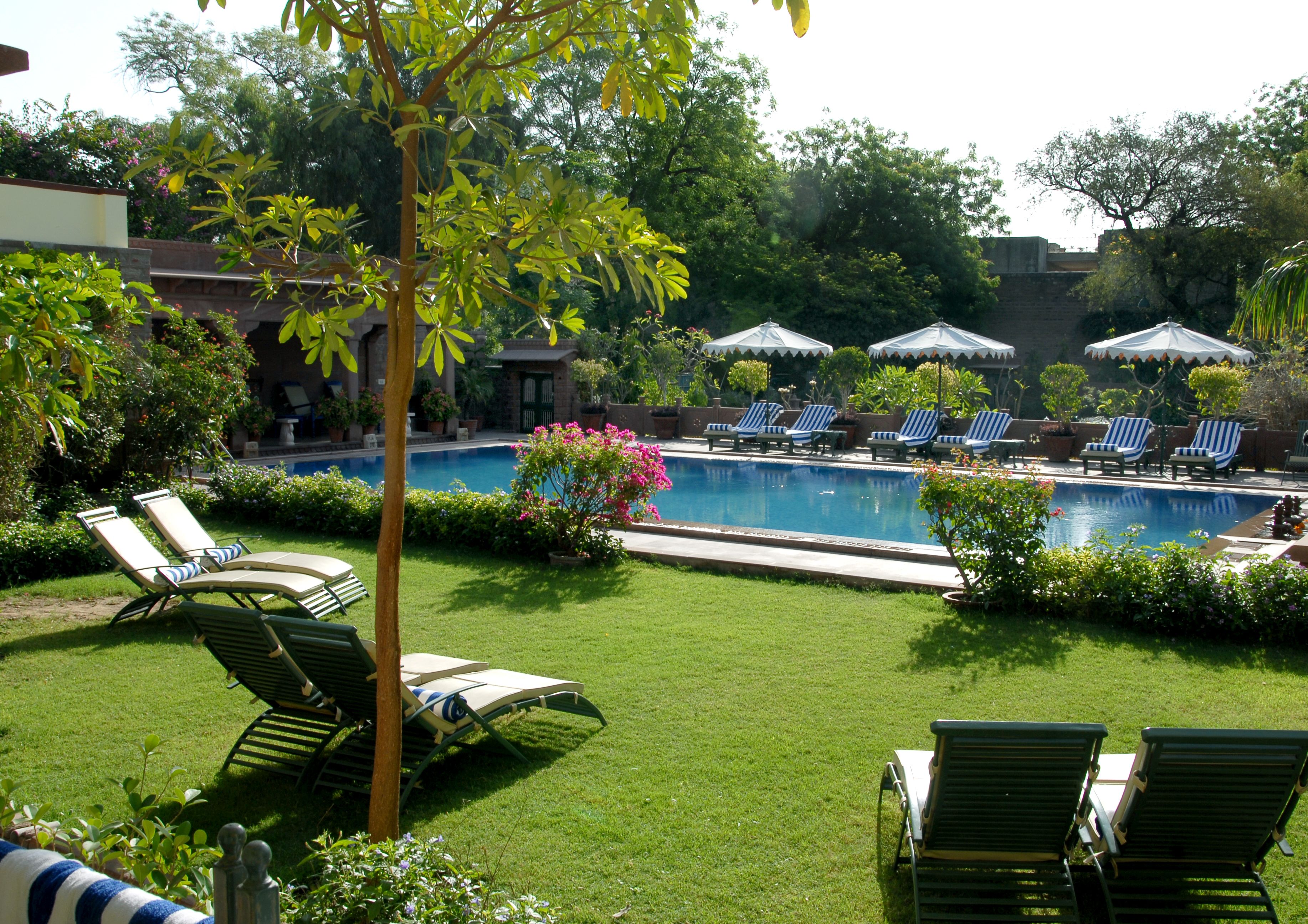 outdoor pool, open 7:00 am to 9:00 pm, pool umbrellas, pool loungers