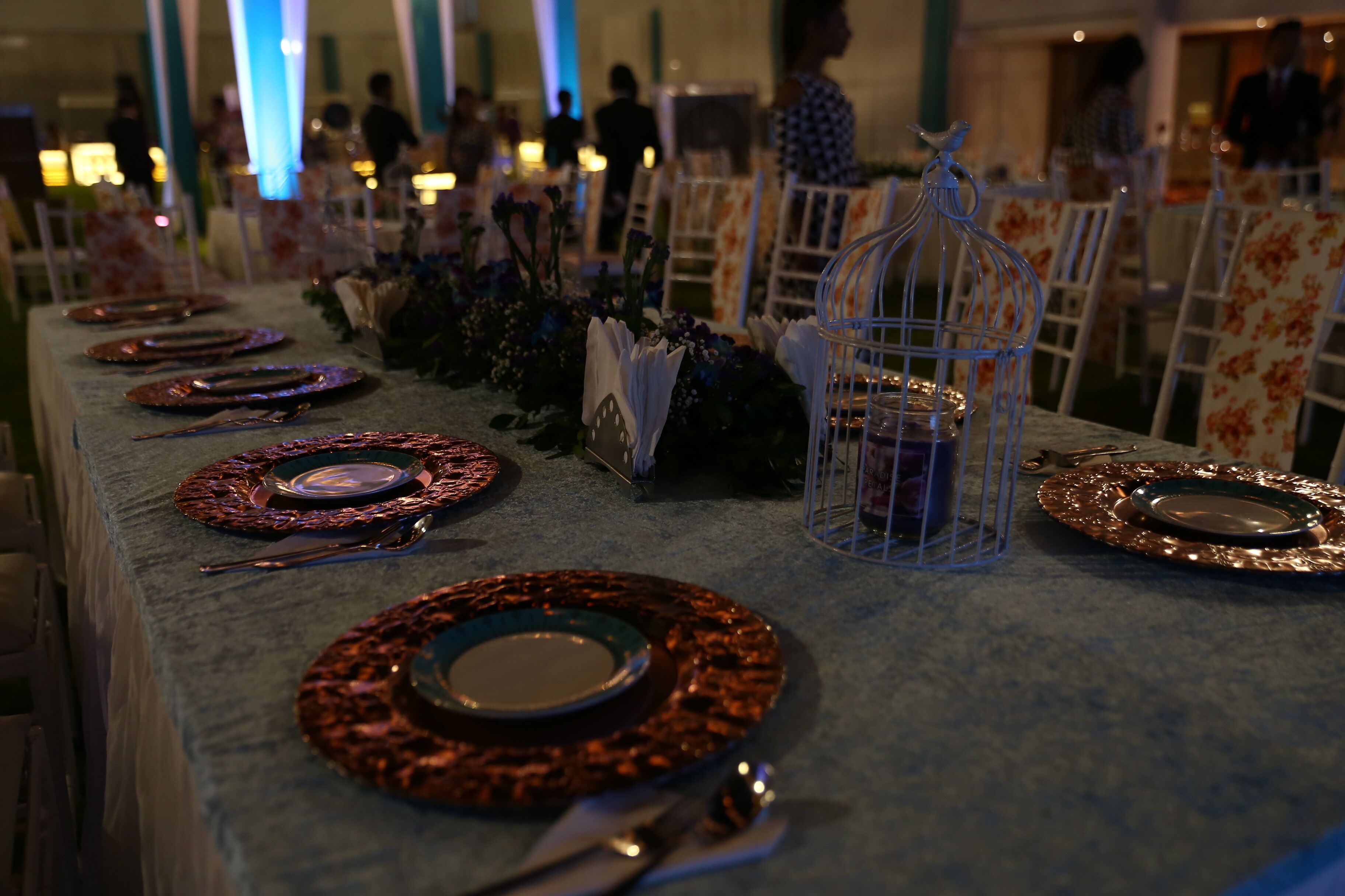 A long table set with plates, cutlery, and a birdcage centerpiece.