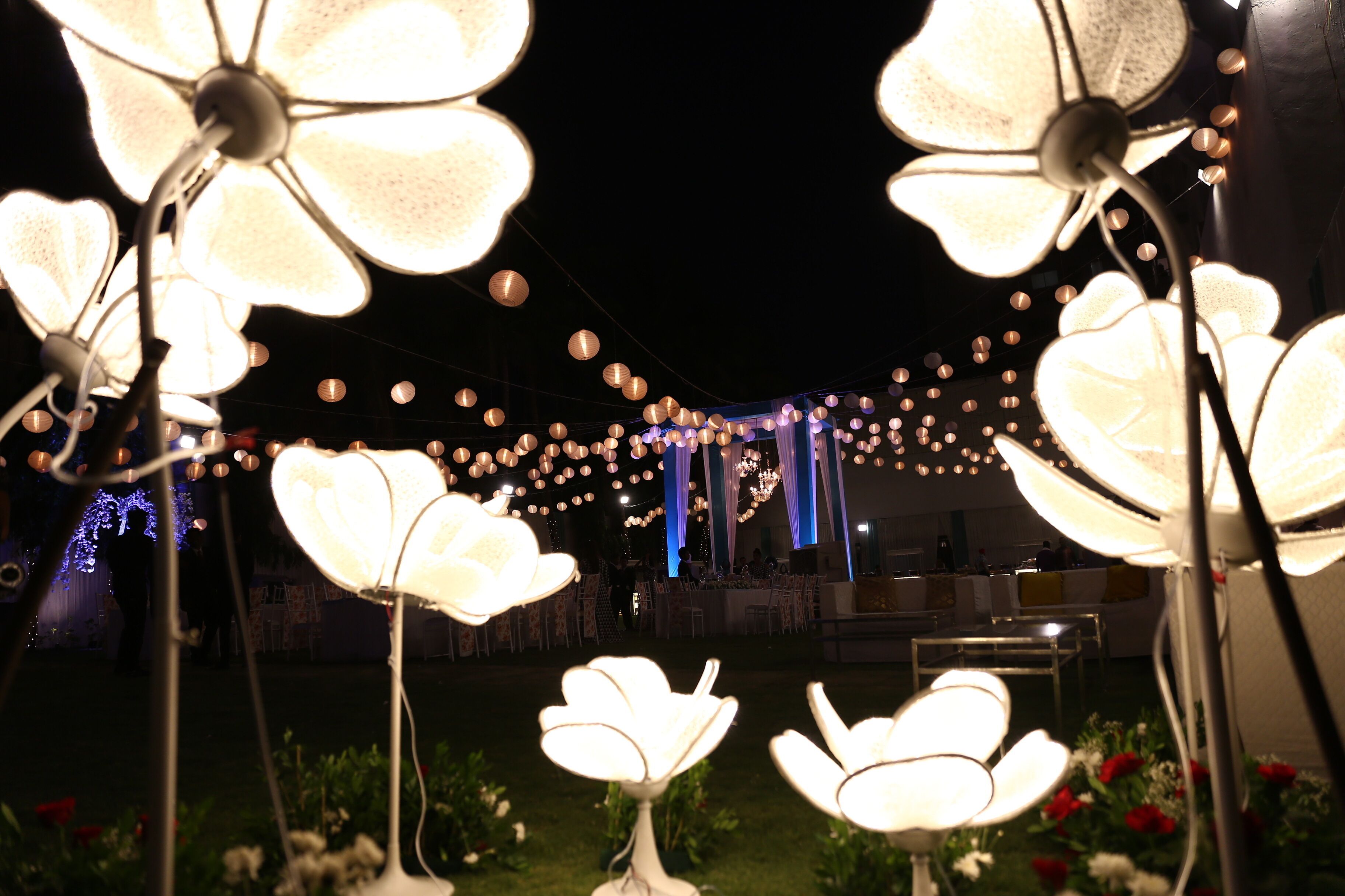 An outdoor event with illuminated floral decorations and string lights.