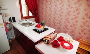 Fridge, microwave, stovetop, electric kettle