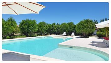 Seasonal outdoor pool, pool umbrellas, pool loungers