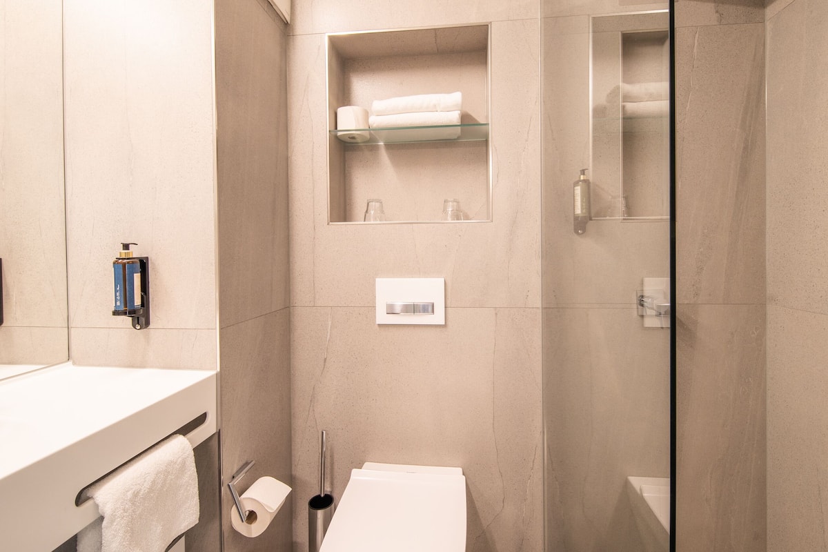 shower, free toiletries, hair dryer, towels