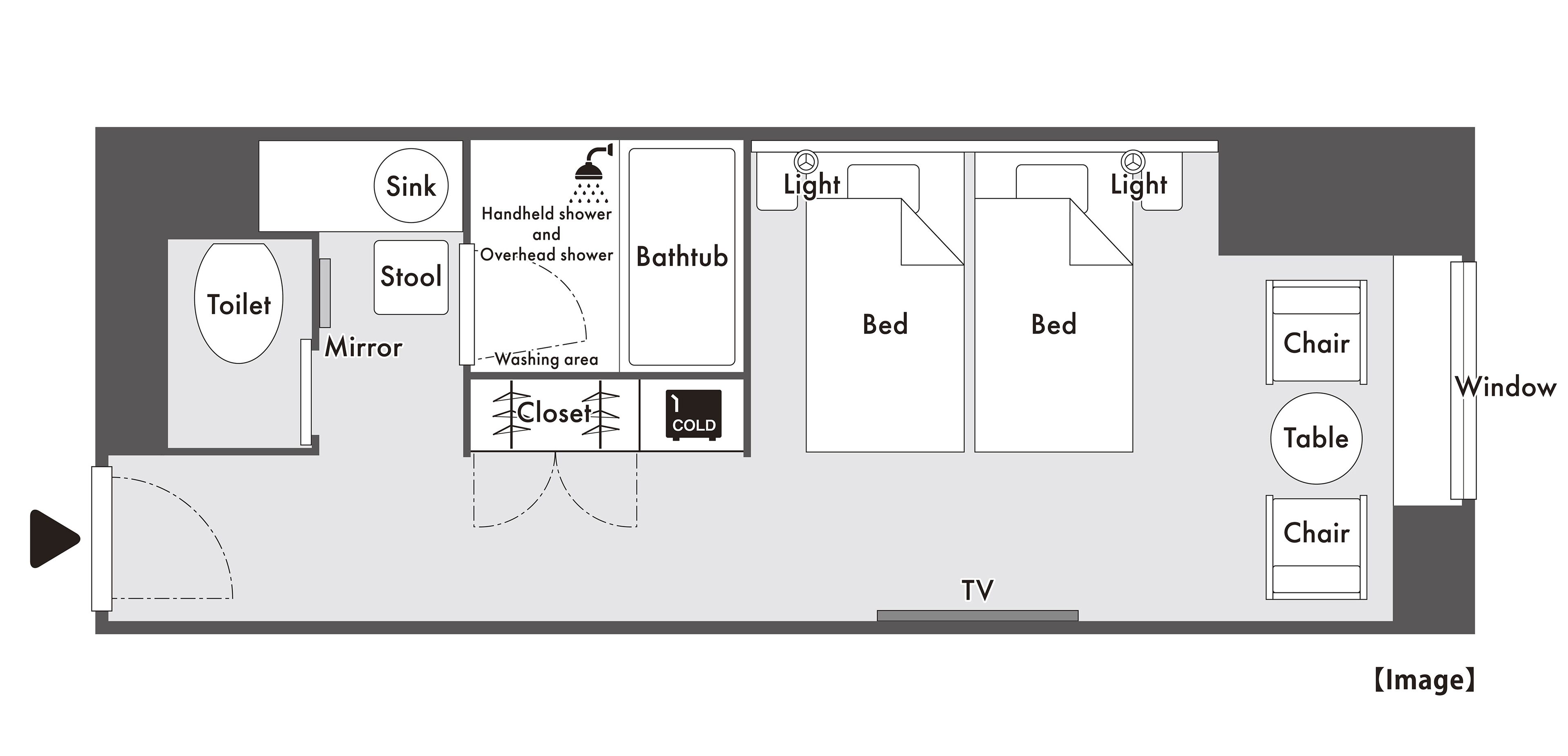 Un plan d’une chambre d’hôtel comprenant des toilettes, un lavabo, un miroir, un placard et un téléviseur.