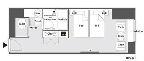 Un plan d’une chambre d’hôtel comprenant des toilettes, un lavabo, un miroir, un placard et un téléviseur.