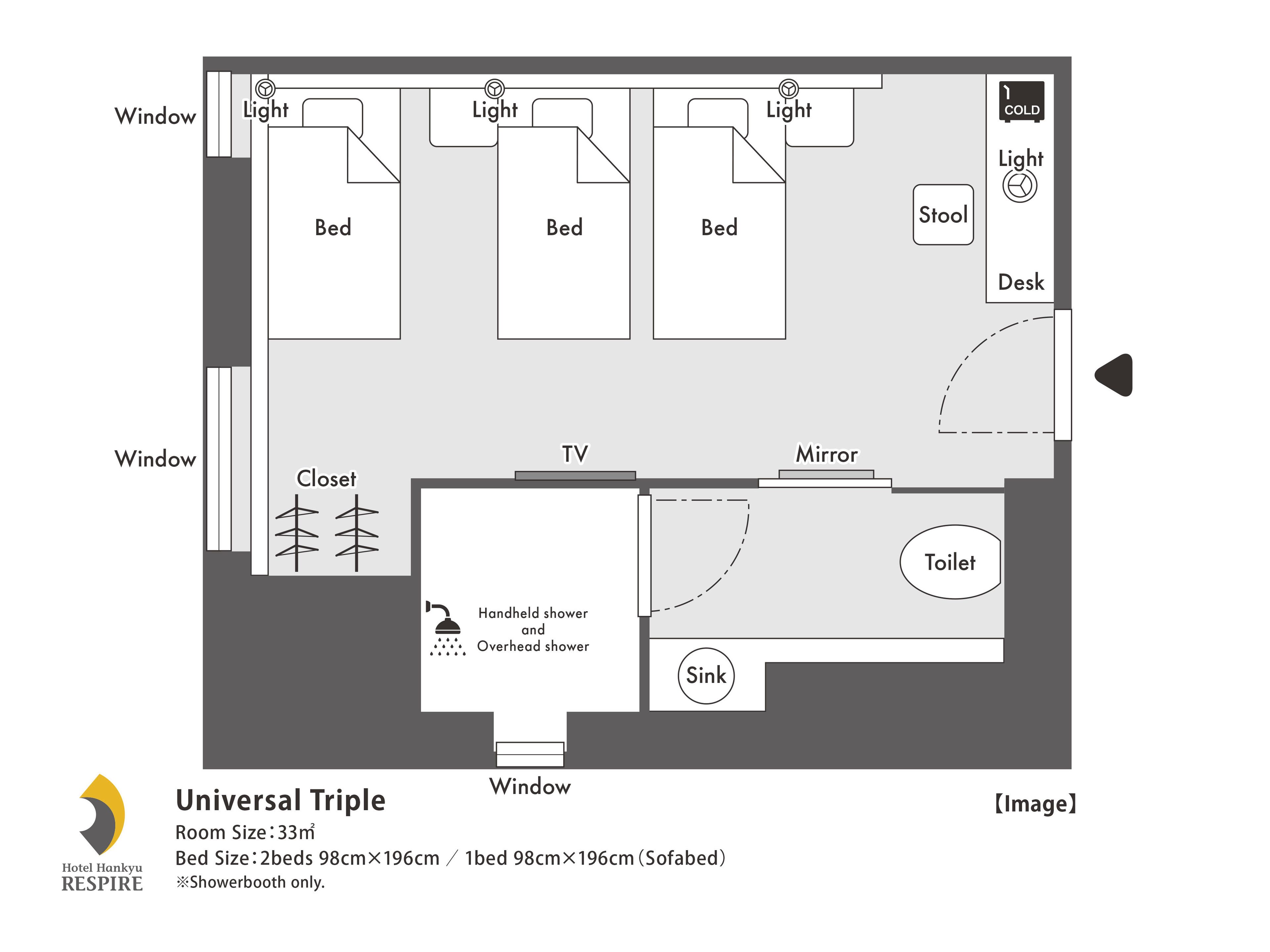 universal triple room, non smoking, shower booth only | floor plan