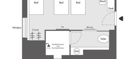 A hotel room layout with two beds, a TV, a closet, a toilet, and a shower area.