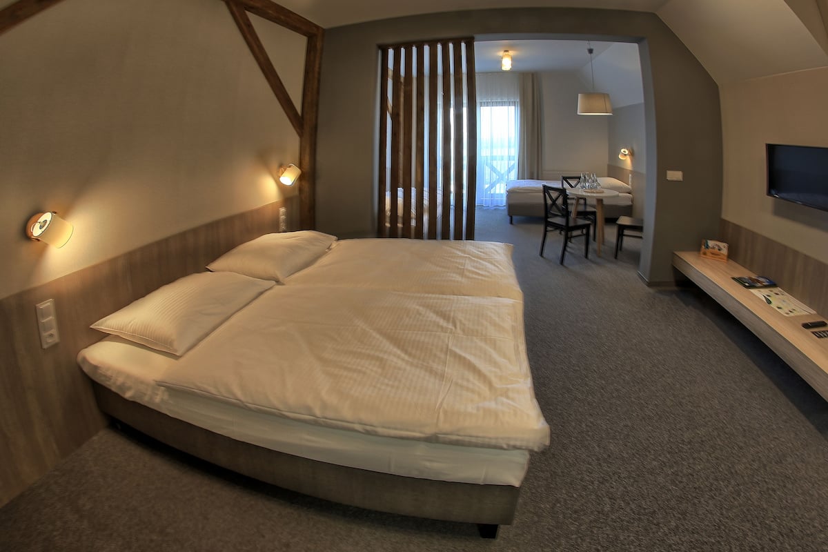 Un dormitorio con una cama grande, un escritorio y un televisor.
