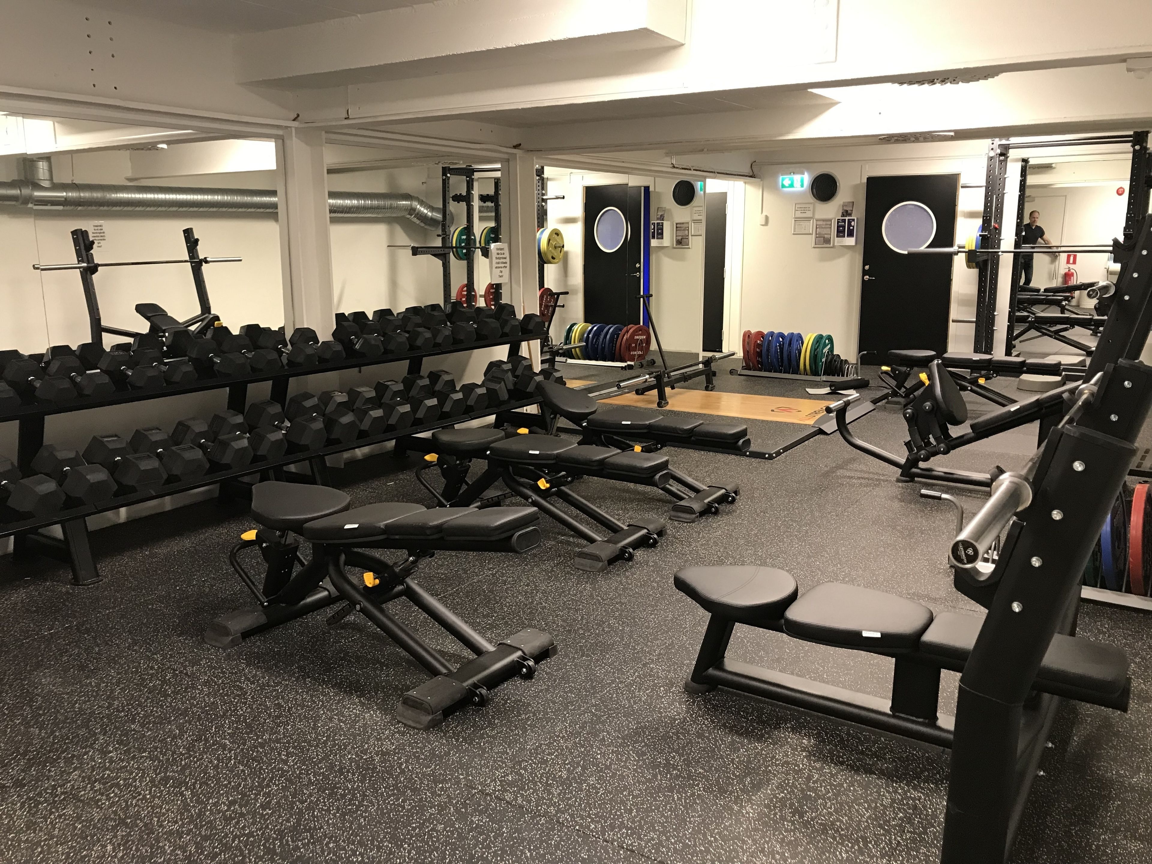Un gimnasio con equipo de ejercicio variado, incluyendo mancuernas, cintas de correr y máquinas de pesas.