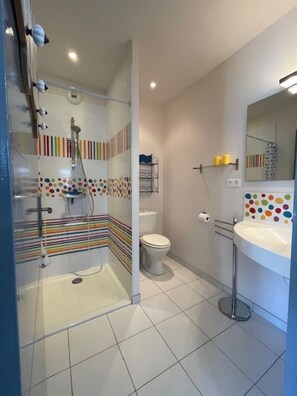 Shower, hair dryer, toilet paper