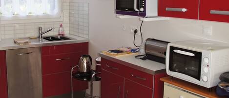 A compact kitchen with red cabinets, a stainless steel dishwasher, a microwave, and a toaster.