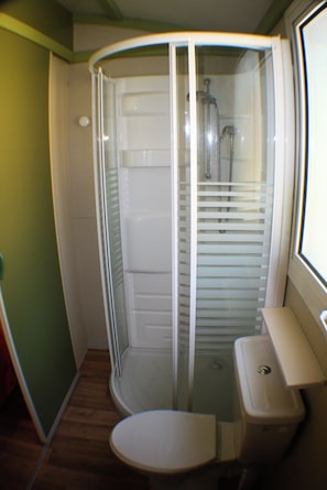 A compact, enclosed shower area with a built-in toilet and a small table.