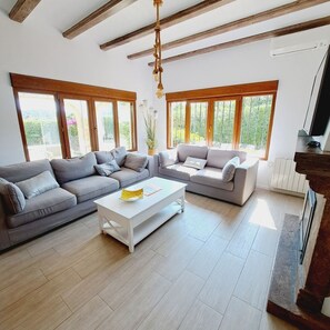 TV connectée, cheminée, chaîne hi-fi