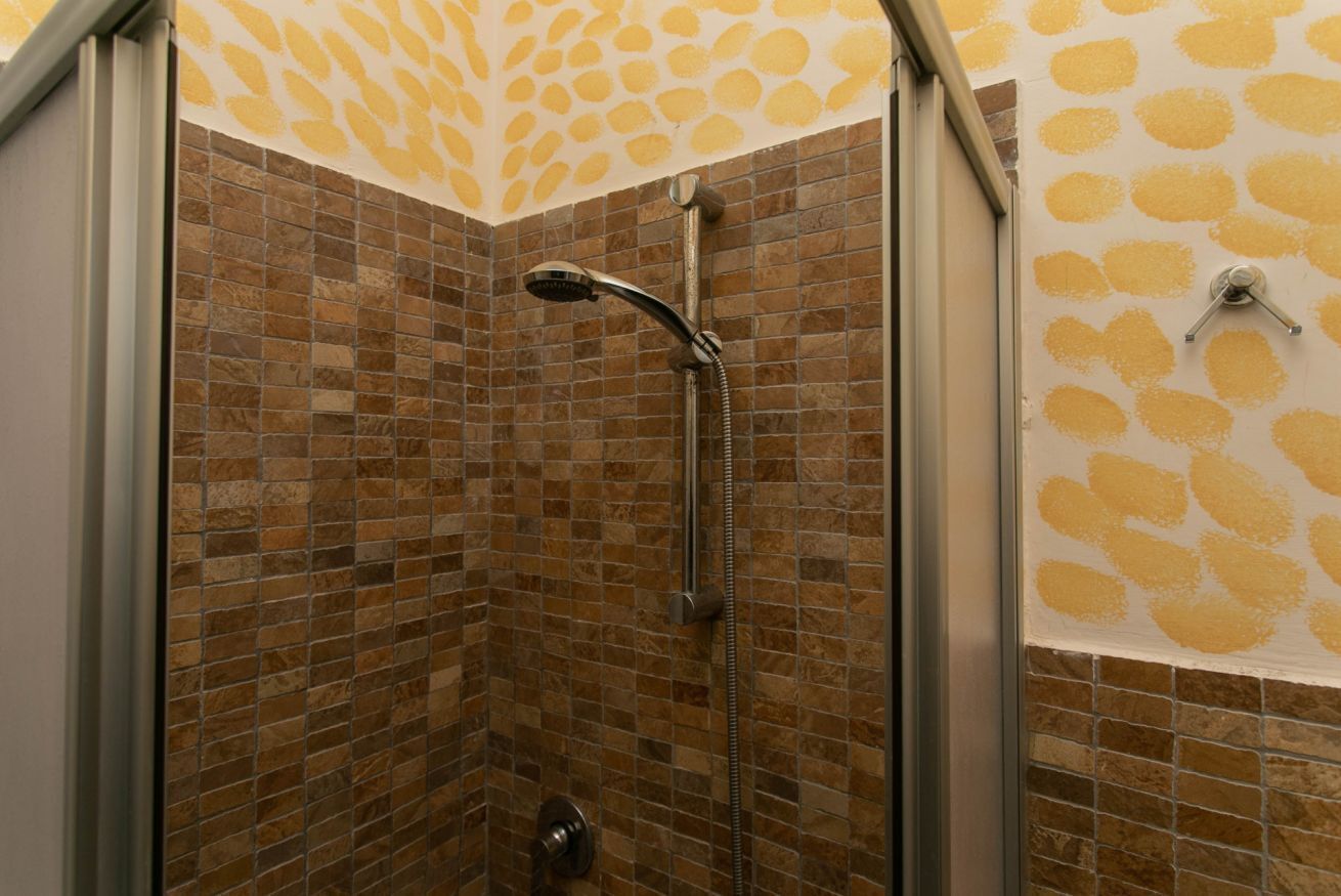 Ducha con mampara de vidrio, alcachofa y pared de azulejos.