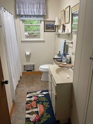 Douche, sèche-cheveux, serviettes fournies, savon