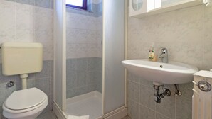 Een badkamer met een toilet, een douchecabine en een wastafel met een spiegel erboven.