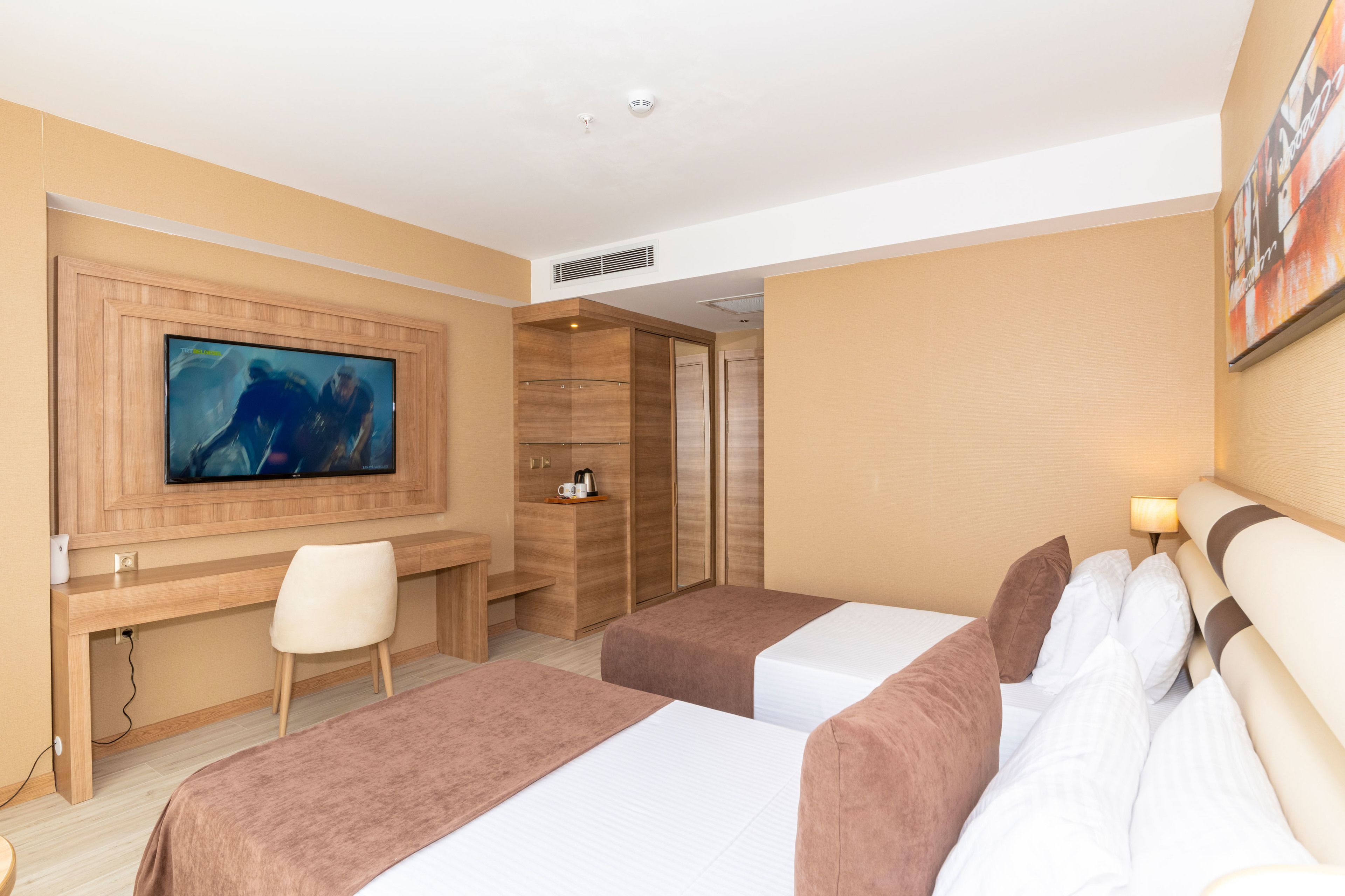 Habitación de hotel con dos camas, un escritorio, una silla, un televisor y un cuadro en la pared.