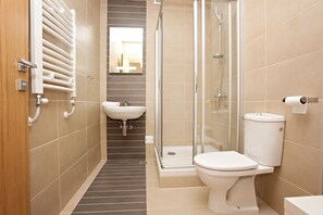 A modern bathroom with a glass shower enclosure, a white toilet, and a sink with a mirror above it.