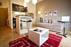 Studio (2 Adults) | Living area | 60-cm LCD TV with digital channels, TV - Boutique Apartments 360 (Belgrade)