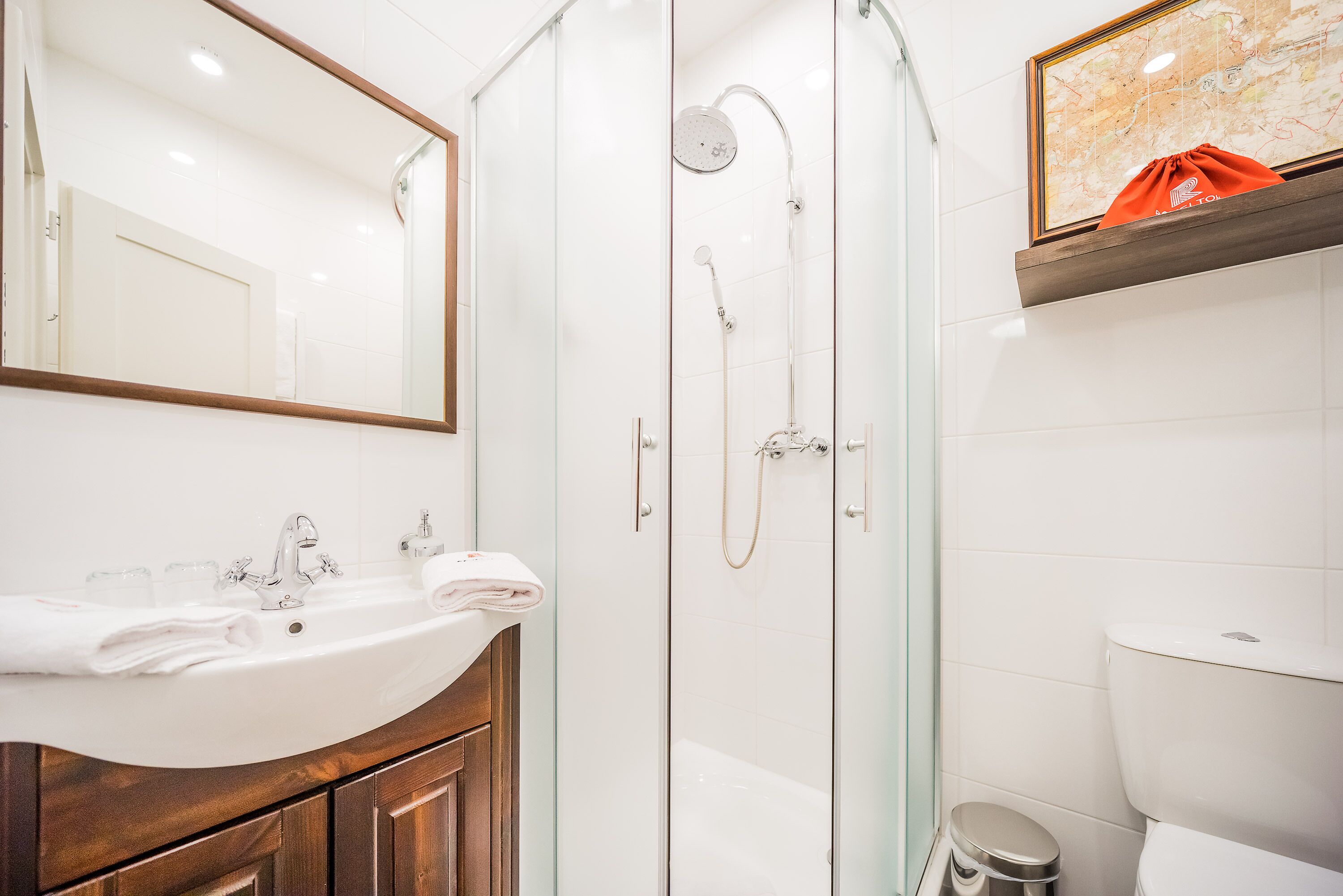 A modern bathroom with a glass-enclosed shower, a white sink with a wooden vanity, and a toilet.
