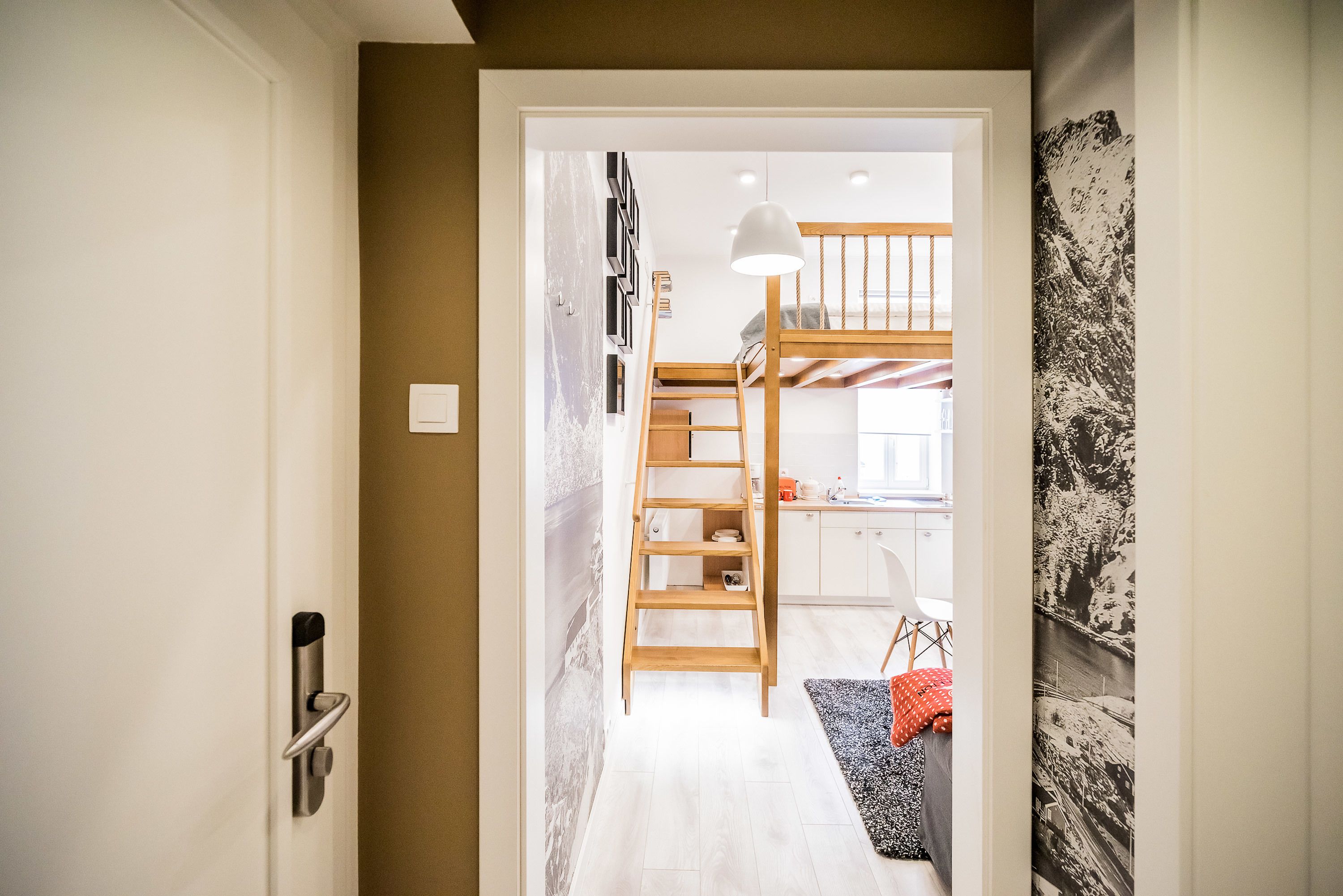 A narrow hallway leading to a bedroom with a bunk bed, a ladder, and a desk.