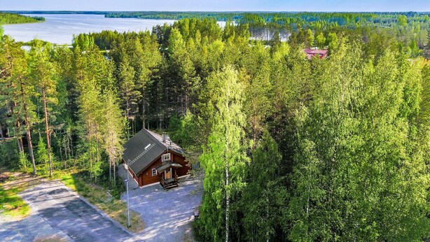 A cabin surrounded by dense forest with a view of a lake.