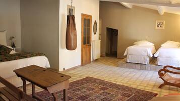 A room with a bed, a wooden table, a punching bag, and two white beds.