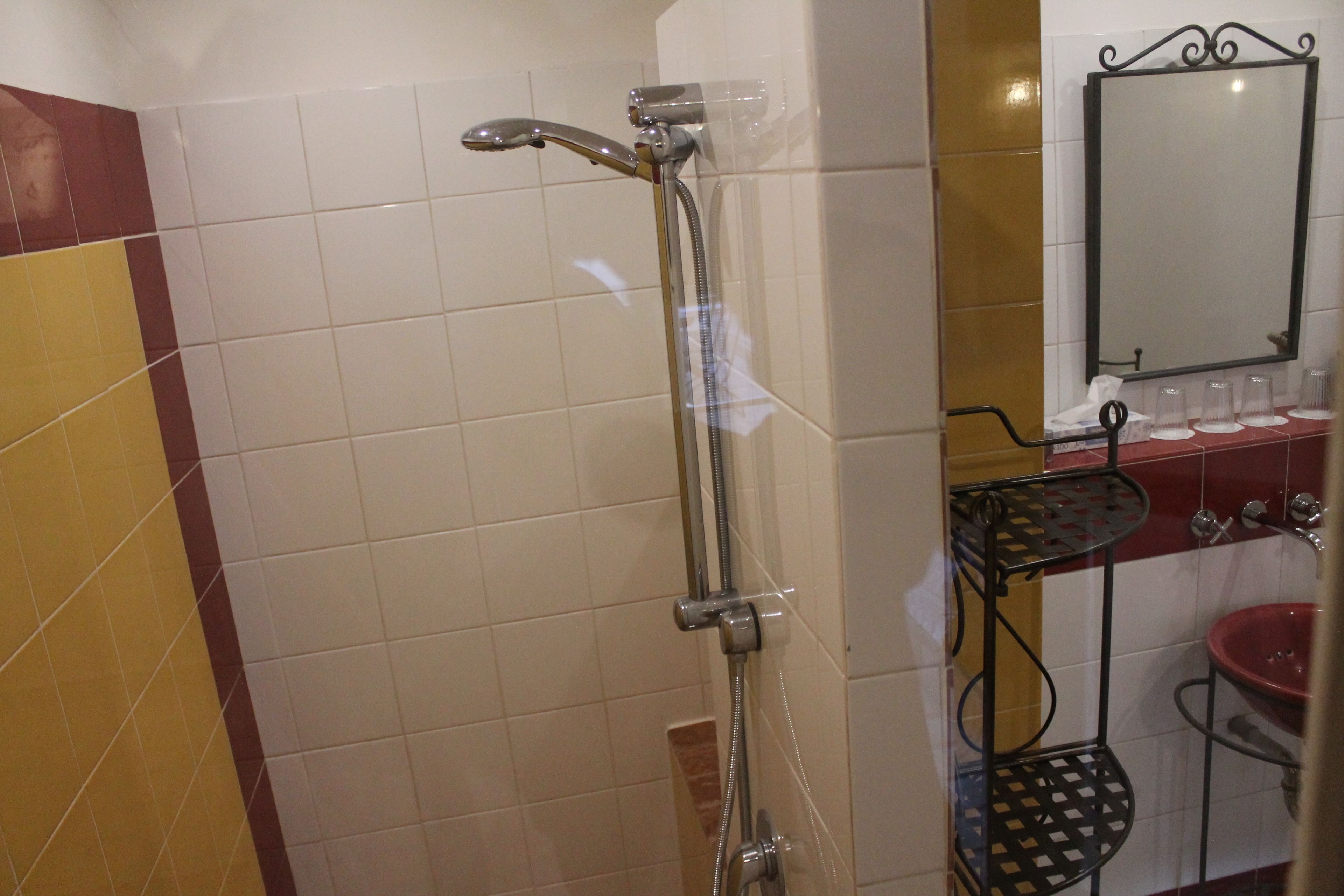 Ein Badezimmer mit Dusche, Waschbecken und Spiegel.