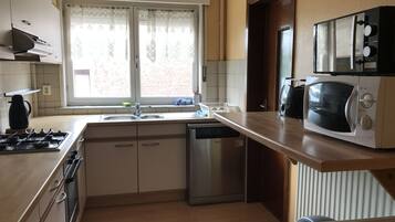 Appartement | Privékeuken | Een koelkast met diepvriezer, een microgolfoven, een oven, een kookplaat