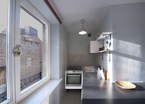 Huoneisto, 1 keskisuuri parisänky, kaupunkinäköala (6) | Yksityinen keittiö | Täysikokoinen jääkaappi, uuni, keittoastiat/astiat/ruokailuvälineet