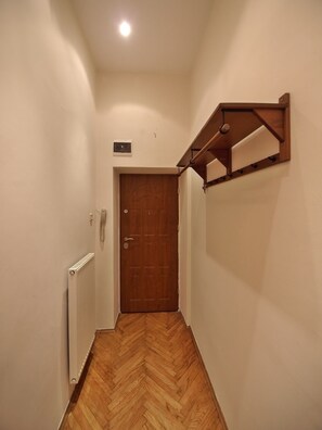 A narrow hallway with a wooden door, a radiator, and a ceiling light. - Oldsmobil-Aparts (Kraków)