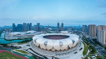 A stadium with a unique architectural design, surrounded by high-rise buildings and a river.