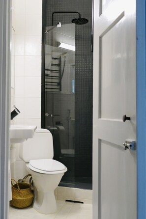 A bathroom with a toilet, a sink, and a shower enclosure.