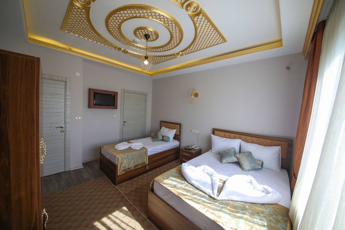 A hotel room with two beds, a television, and a ceiling with a decorative design.