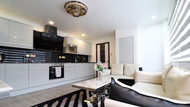 A modern kitchen with a built-in oven, microwave, and black range hood. There is a white sofa with a black and white striped rug in the living area. - Queen Stay Apartments (Sheffield)