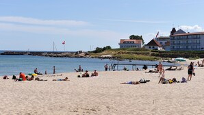 A beach with people sunbathing and swimming, buildings in the background, and a flag flying. - Hotel Hammersø Apartments - Adults Only (Allinge)