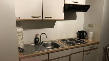 Appartement (G) | Privékeuken | Een koelkast met diepvriezer, een microgolfoven, een oven, een kookplaat