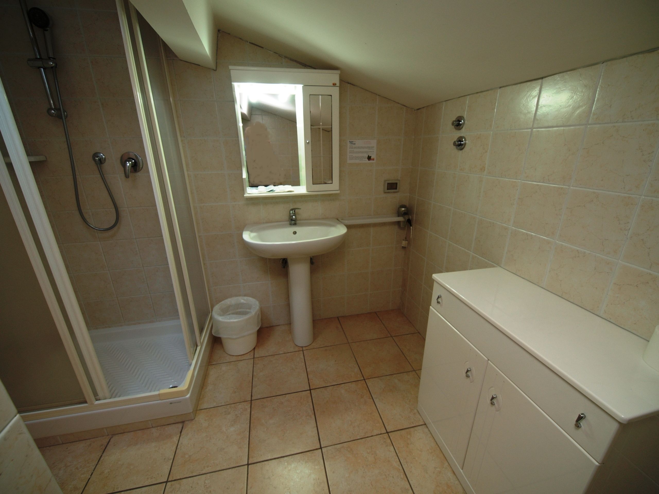 A bathroom with a shower, sink, and cabinets.
