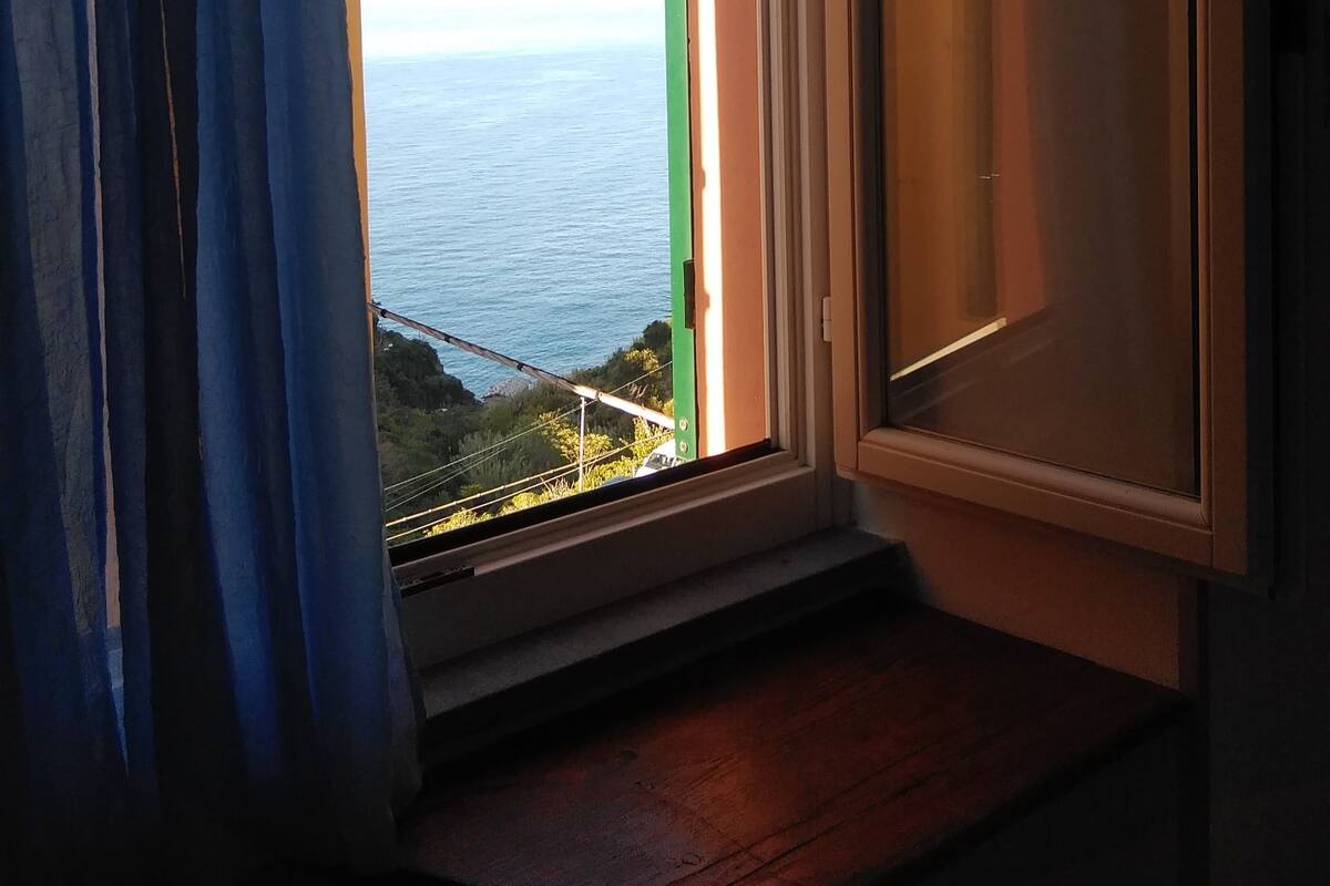 A room with a window overlooking a coastal view.