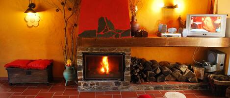 A cozy living room with a fireplace, a television, and a red sofa.