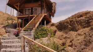 Une cabane en bois avec un toit de chaume, des marches en pierre et un balcon.