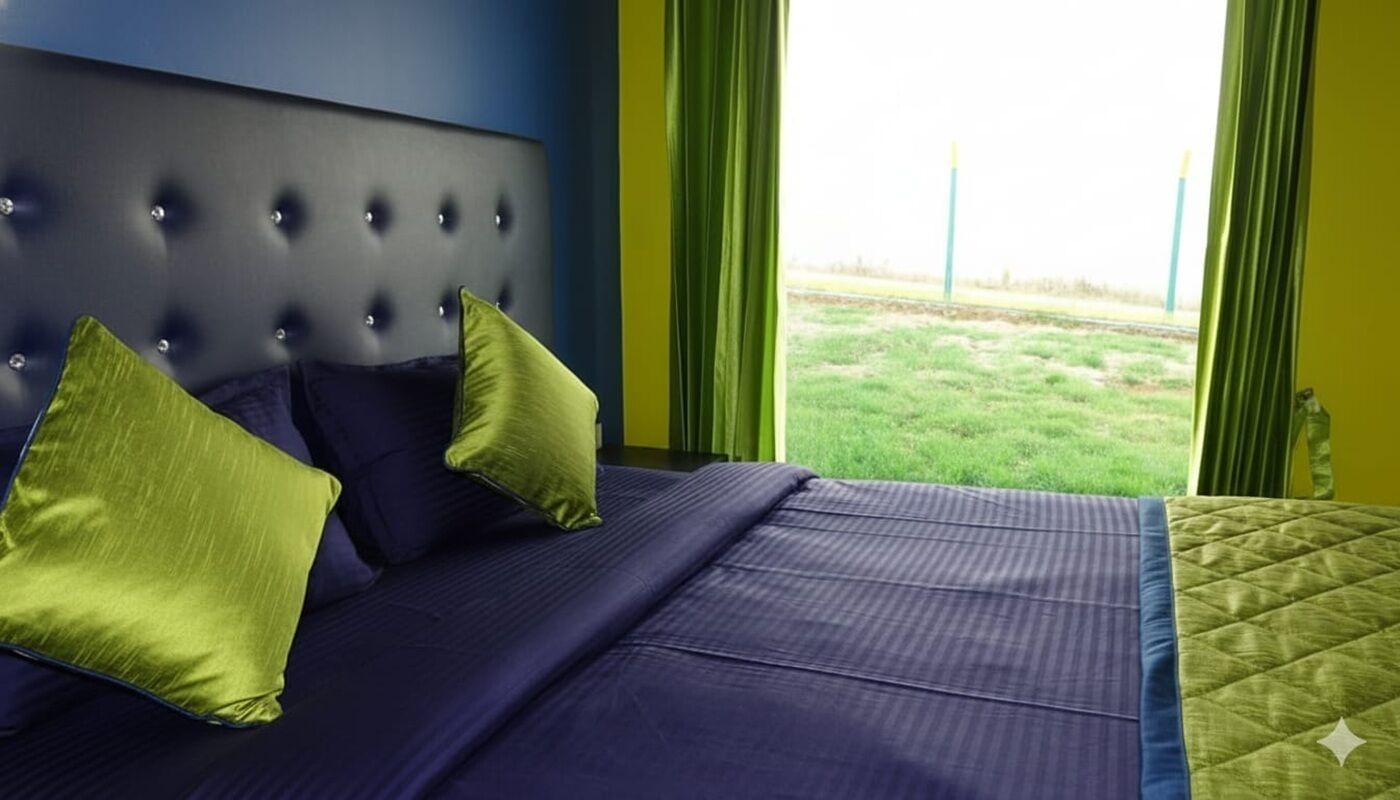 Un letto con testiera capitonata, due cuscini e vista su una zona verde attraverso ampie finestre.