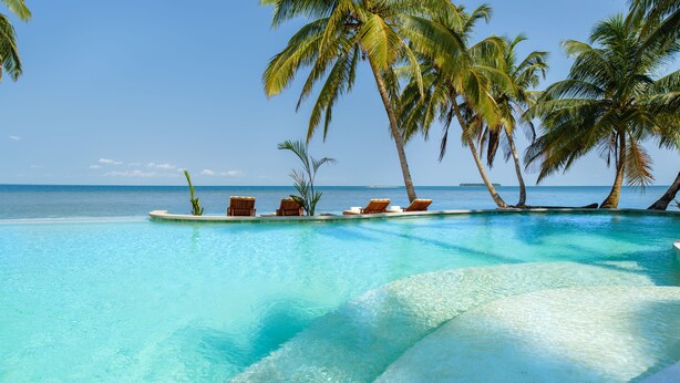 A clear blue pool with lounge chairs and palm trees, overlooking the ocean. - Calala Island (Laguna de Perlas)