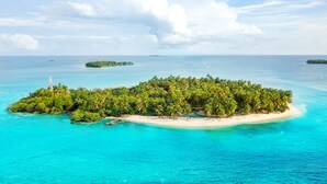An aerial view of a tropical island with a beach, dense palm trees, and clear turquoise waters. - Calala Island (Laguna de Perlas)