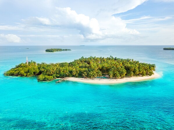 An aerial view of a tropical island with a beach, dense palm trees, and clear turquoise waters.