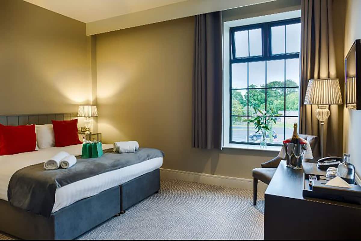 A hotel room with a large bed, a desk, a window with curtains, and a view of greenery outside.