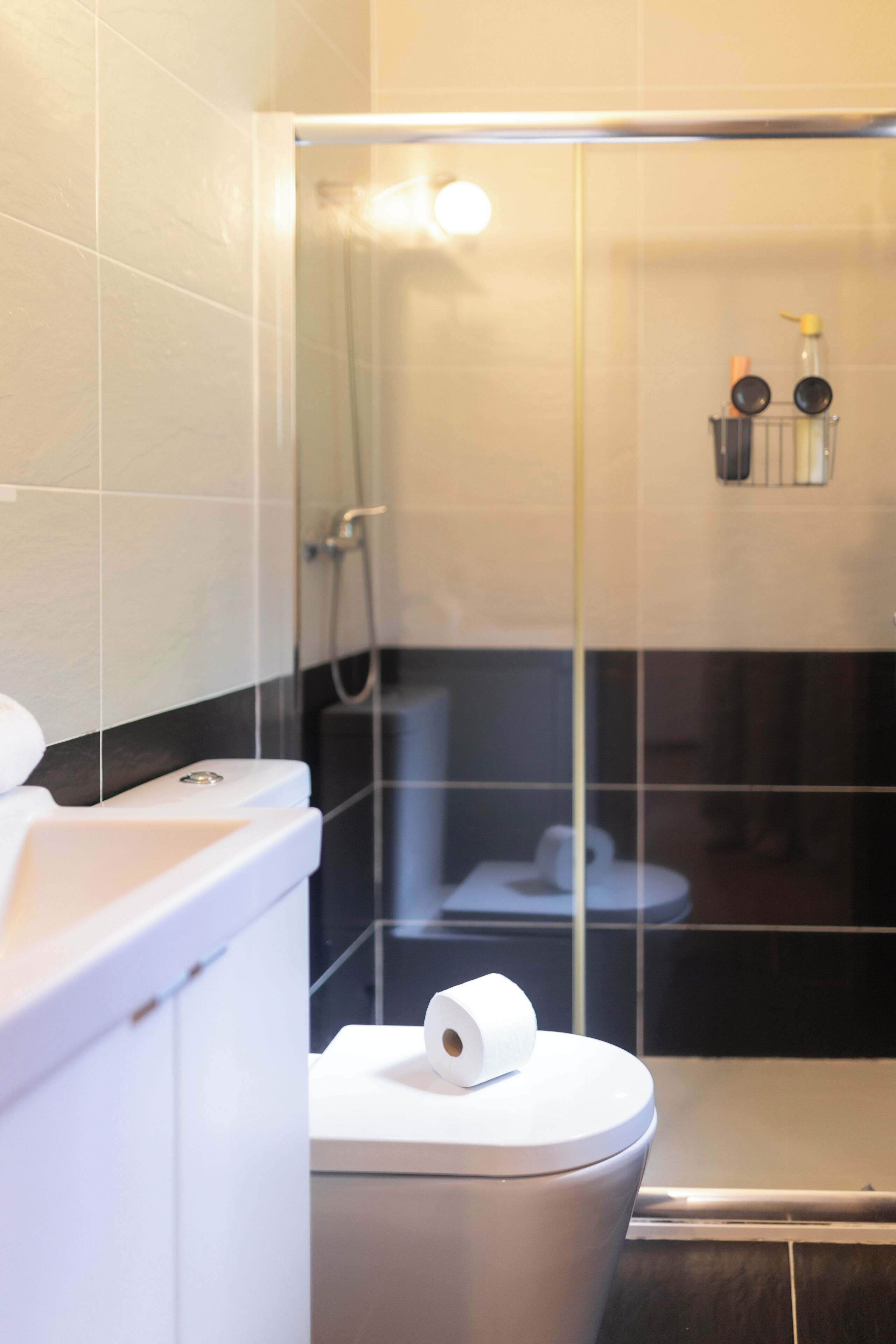 Shower, hair dryer, towels, shampoo