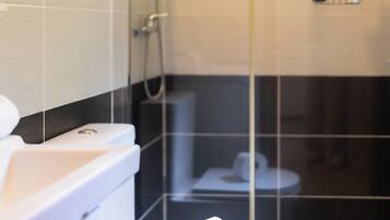 Shower, hair dryer, towels, shampoo