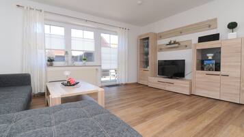 TV, DVD player, video library, stereo