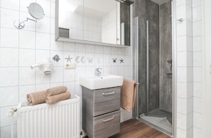 Combined shower/tub, hair dryer, toilet paper