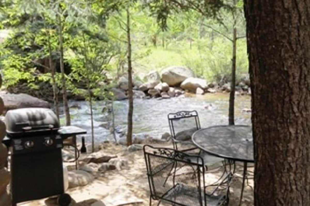 Ein Sitzbereich im Freien mit Grill, Tisch und Stühlen, umgeben von Bäumen und einem Bach.